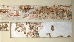 Minoisk kunst: "" flådeekspedition"" Fresco fra Akrotiri til Santorini. 16. århundrede f.Kr. Athen, det nationale arkæologiske museum af Minoan