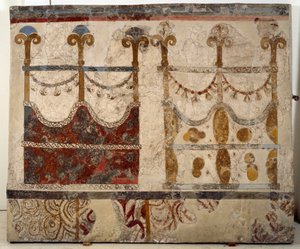 Minoisk civilisation: repræsentation af to portaler (Ikria). Fresko fra det lustrale bassin i Xeste 3-bygningen i Akrotiri (Thera), Santorini