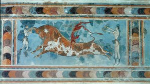 Minoisk civilisation: "" scene for taurokathapsia (eller taurocatapsia), kretensisk sport, der består af at hoppe på ryggen af en tyr""" Fresko fra kong Minos a Cnossos palads (Knossos). 1700-1400 f.Kr. Heraklion, Arkæologisk Museum