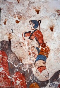 Minoisk civilisation: kvinder plukker safran. Detalje af en fresco fra det lustrale bassin i Xeste 3 i Akrotiri (Thera), Santorini. Svag. 244x266 cm 16. århundrede f.Kr. Santorini, Samling af fresker af Akrotiri a Thera - minoisk civilisation: kvinder pluk