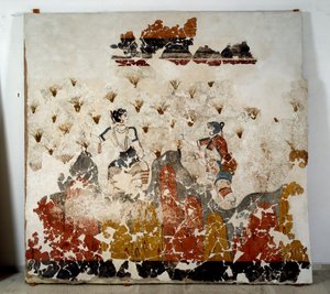 Minoisk civilisation: kvinder plukker safran. Fresko fra det lustrale bassin i Xeste 3 i Akrotiri (Thera), Santorini. Svag. 244x266 cm 16. århundrede f.Kr. Santorini, Samling af fresker af Akrotiri a Thera
