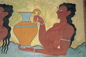 Nærbillede af et vægmaleri på væggen af et palads, Palace of Minos, Knossos, Kreta, Grækenland af Minoan