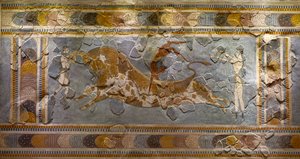 Detalje af Bull Leaping Fresco. Fundet i Knossos af Minoan