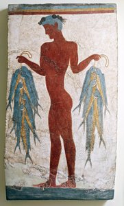 Græsk civilisation, fresko af fisker, fra Akrotiri, Thera, Santorini, Grækenland (fresko) af Minoan