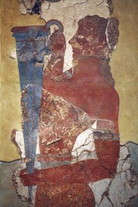 Minoisk kunst. "Kopbæreren", en figur fra optoget Fresco. Original rekonstruktion fra de få fragmenter fundet af A. Evans på Knossos arkæologiske område og nu vist i Herakleion arkæologiske museum. Det viser en ung mand med lang sort af Minoan