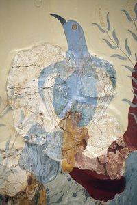 Minoen kunst. Detalje af "" Blå fugl" Fresco eller "" Den blå fugl på Kreta"". Et af de tidligste og vigtigste malerier fra det såkaldte ç Freskomaleriernes hus è ved Knossos er ç Blue Bird è. Det er meget fragmentarisk og helt sikkert belo