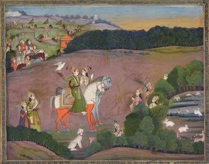 Baz Bahadur og Rupmati på falkejagt. Omkring 1735