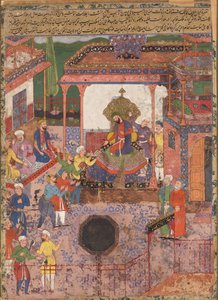 Udsendinge bringer nyheder fra provinserne Khaybar og Chin til Anoshirvan. Fra Hamzanama af Mir Sayyid Ali