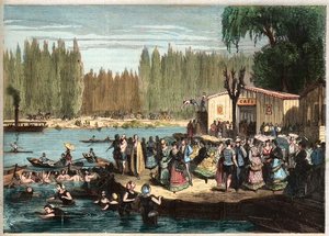 Svømning ved La Grenouillere, lige uden for Paris - La Grenouillere ved Croissy-sur-Seine i 1869 - efter Miranda af Miranda Miranda