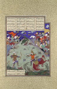 The Combat of Rustam and Ashkabus, Folio 268v fra Shahnama Book of..., ca. 1525-30. af Mirza Muhammad Qabahat