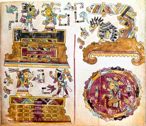 Mixtec civilisation: Mixtec Codex med illustrationer af daglige aktiviteter - Præcolombiansk kunst, blandet civilisation: scener de vie quotidienne - Detalje af en kopi af Codex Vindobonensis eller wienske codex sendt af Hernan Cortes til Charles V i 1519 
