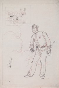 Forberedende tegning til et træbloktryk, der forestiller en japansk søofficer under den kinesisk-japanske krig af Mizuno Toshikata