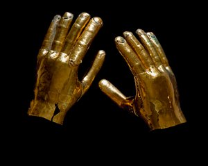 Præcolombiansk kunst, Mochica-kultur (Moche, mochique): begravelseshænder i guld. 200-500 apres JC Lima, Musee de l