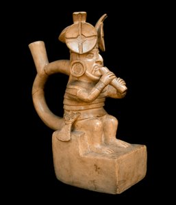 Præcolombiansk kunst, mokisk civilisation (grim): antropomorf terracottavase, der repræsenterer en karakter, der spiller Quena, Andesfløjten. 200 f.Kr.-700 e.Kr. Lima, Nationalmuseet for antropologi og arkæologi, Peru