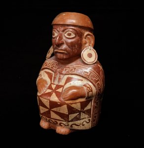 Præcolombiansk kunst, mochic civilisation (grim): vase, der repræsenterer "" tekstilet" - 200 f.Kr.-700 e.Kr. Lima, Nationalmuseet for antropologi og arkæologi, Peru - præcolumbiansk kunst, Moche-civilisation (Mochica-kultur), antropomorfisk flaske: repræs