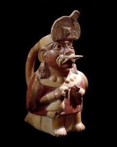 Præcolombiansk kunst, mochic civilisation (grim, Mochica): antropomorf vase, der repræsenterer en præst, der ofrer to dyr. 200 f.Kr.-700 e.Kr. Lima, Museo Nazionale di Antropologia e Archaeologia - Præcolumbiansk kunst, Moche-kultur (200 - 700 e.Kr.): antr