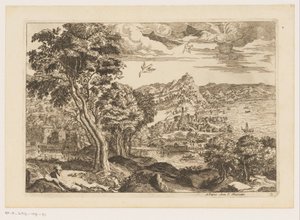 Kystlandskab med flyvende fugle Landskaber efter Titian (serietitel)