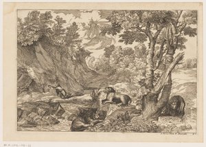 Landskab med den angrende Hieronymus og tre hvilende løver Landskaber efter Titian (serietitel)