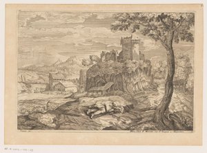 Landskab med en hvilende hyrde, i baggrunden en flod med bro og vandmølle Landskaber efter Titian (serietitel)