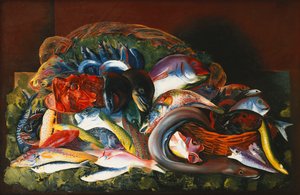 Stort stilleben med fisk; Grande Nature Morte aux Poissons af Moise Kisling