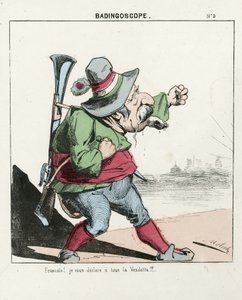 Flyvende blad, nummer 5, satirisk i farver, ca. 1870: Badingoskop - Kommune Paris/Krig/Belejring, Jagt, Republikkens præsident - Napoleon III - Illustration af Moloch (1849-1909) af Moloch