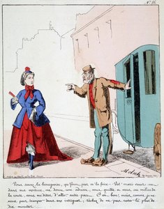 HAN. EX. EX. Motoredons: Tegneserie af transport i byen. Kusken irettesætter en borgerlig, der går i parken, mens hendes mand bad chaufføren om at køre hende til et andet sted. Tegning af Moloch (1849-1909), omkring 1860. af Moloch