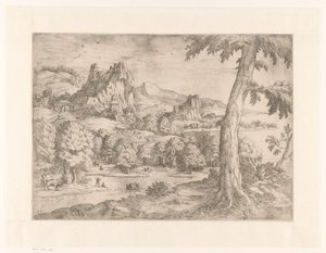 Panoramalandskab med stort træ af Monogrammist DB (etser 16de eeuw)