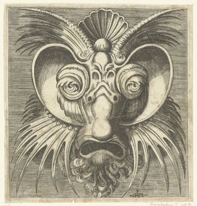 Maske med underkopper omkring øjnene og spidse toppe på kinder og pande Libro di variate mascar (...) (serietitel) af Monogrammist IHS