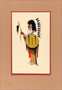Cheyenne Warrior i fjerhovedbeklædning med skjold, ca. 1915-1937.
