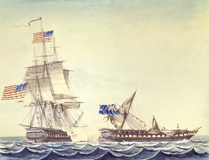 Søslag mellem den amerikanske fregat Constitution og HMS-fregatten Java (akvarel på papir) af Montardier Montardier