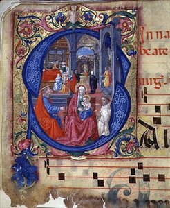 Ms 543 f.114v Historieret bogstav "S" med den tronende Madonna med barn, fra et salmedigt alter, ca.1515 (pergament)