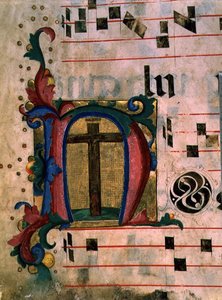 Ms 543 f.121v Historieret bogstav "N" med det sande kors, fra et salmer, ca.1515 (pergament)