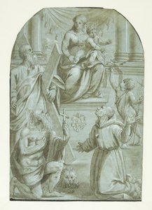 Maria med Jesusbarnet tronende, omgivet af apostlen Andreas, Johannes Døberen som barn, den hellige Jeronimus og den hellige Frans af Assisi af Moretto da Brescia