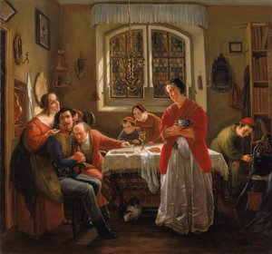 German: Die Heimkehr des Freiwilligen aus den Befreiungskriegen zu den nach alten Sitte lebenden Seinen Den frivilliges hjemkomst fra befrielseskrigene til sin familie, der stadig lever i overensstemmelse med gamle skikke af Moritz Daniel Oppenheim
