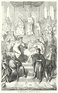 Sangerkrieg, en konkurrence mellem minstreller på Wartburg-slottet i Thüringen i 1207 (gravering) af Moritz Ludwig von (after) Schwind