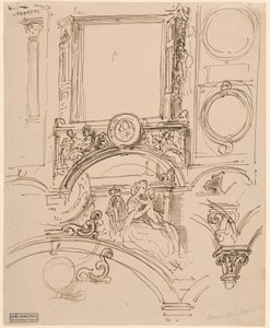 Arkitektoniske detaljer til en vægdekoration med kejserinde Maria Theresia, der omfavner den unge Wolfgang Amadeus Mozart, ca. 1864 (pen og blæk) af Moritz Ludwig von Schwind