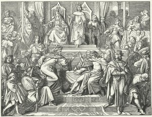 Sangerkrieg, en konkurrence mellem minstreler på Wartburg-slottet i Thüringen i 1207 (gravering) af Moritz Ludwig von Schwind
