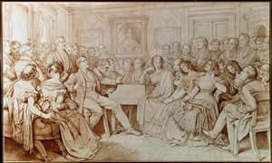 Komponisten Franz Schubert akkompagnerer tenor Johann Michael Vogl ved en musikalsk aften hos Baron von Spaun (Tegning af Moritz Ludwig von Schwind