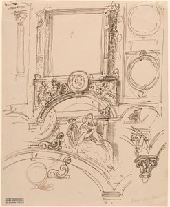 Arkitektoniske detaljer til en vægdekoration med kejserinde Maria Theresia, der omfavner den unge Wolfgang Amadeus Mozart af Moritz Ludwig von Schwind