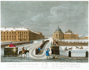 Udsigt over Fontanka-kanalen og kasernen, illustration for november fra A Year in St. Petersburg ætset af John H. Clark, farvelagt af M. Dubourg. pub. 1815 i London af Edward Orme (farve lith