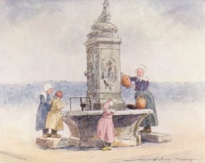Ved springvandet, Concarneau (farvelitografi) af Mortimer Ludington Menpes