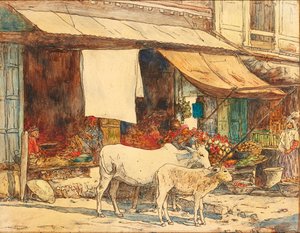 Kvæg uden for en indisk frugtstald (pen og blæk og akvarel) af Mortimer Ludington Menpes