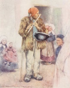 Den blinde fløjtespiller (farvelitografi) af Mortimer Ludington Menpes