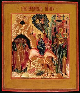 Russisk ikon for indtoget i Jerusalem, begyndelsen af det 19. århundrede (bladguld og tempera på panel)