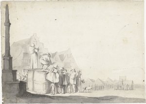 Markedsplads med udtaler på en tønde af Moses ter Borch (possibly)