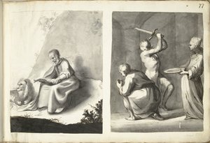Sankt Hieronymus i ørkenen og halshugning af Johannes Døberen af Moses ter Borch (signed by artist)