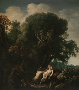En badenymfe taget ved overraskelse af en Satyr En nymfe overrasket ved sit bad af en Satyr