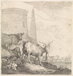 Geder og køer ved et rundt tårn med en obelisk Firbenede dyr (serietitel) af Moyses van Wtenbrouck