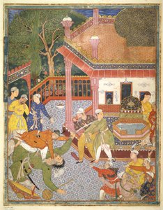 En helt dræber en kæmpe foran en skare af tilskuere i en gårdhave, illustration fra Hamza Nama, ca. 1555-67 (kropsfarve på bomuld) af Mughal School