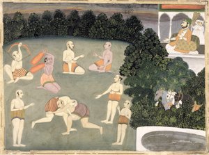 Atleter optræder foran en siddende adelig, ca. 1760 (ugennemsigtigt wc på papir) af Mughal School